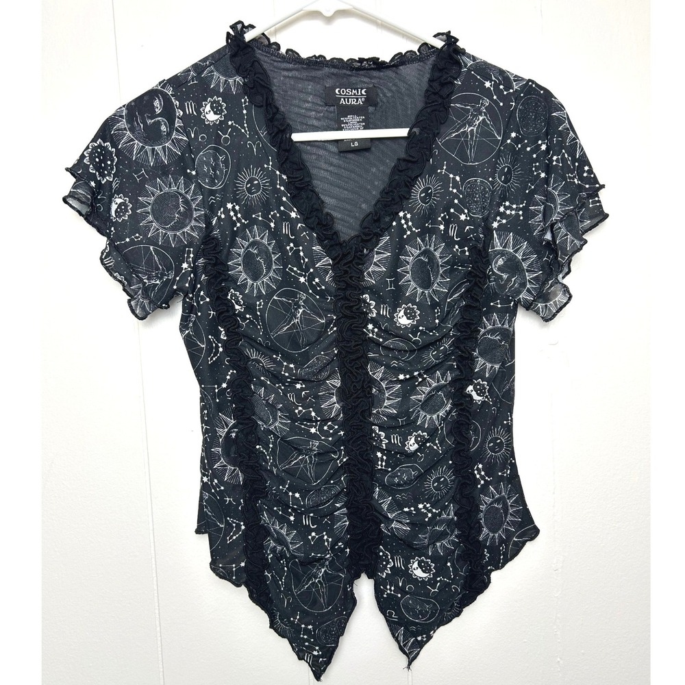 Cosmic Aura Top Celestial Ruffle Trim Crop Size L whimsigoth gothcore‎ astrology